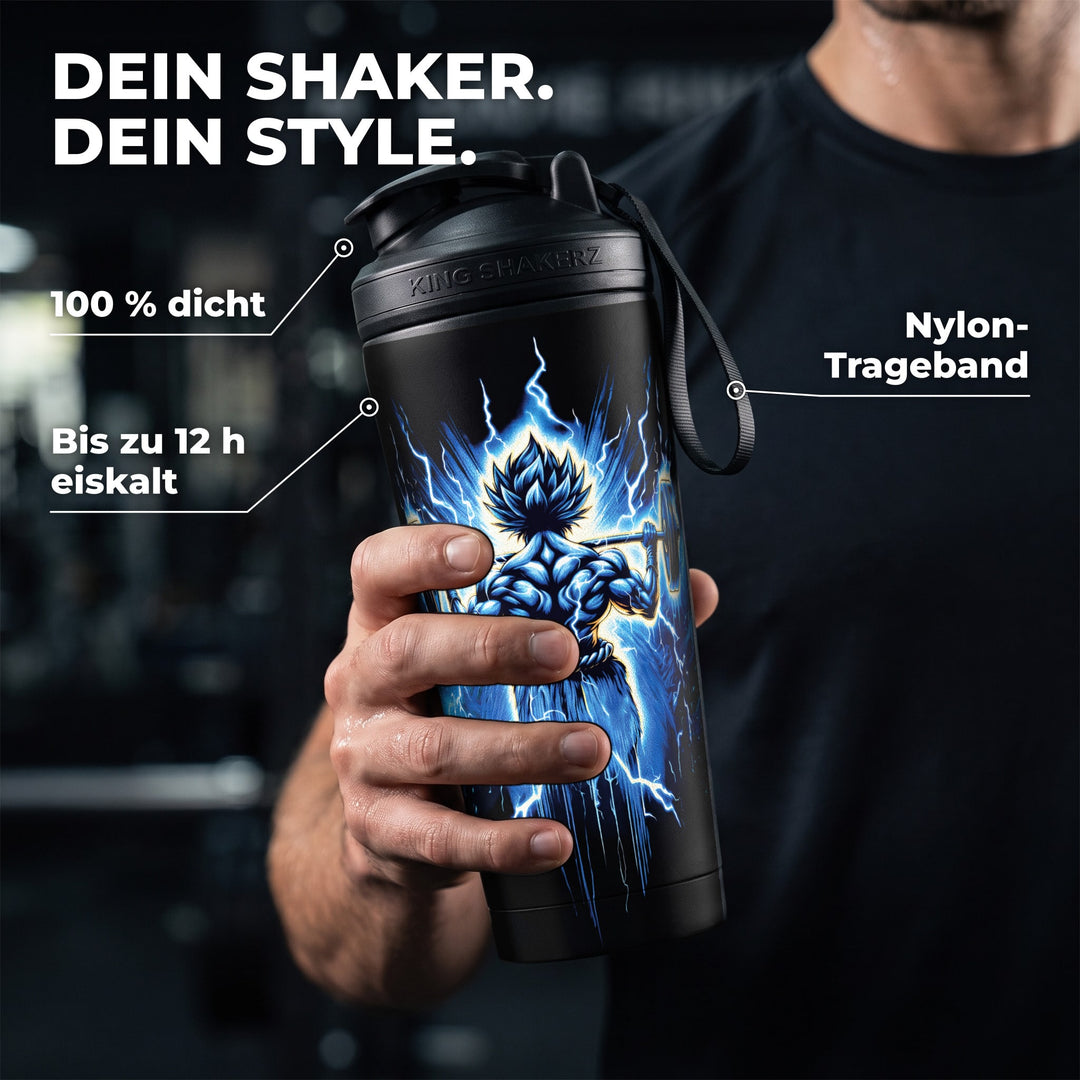 KING SHAKER® TRAINED – schwarzer Edelstahl-Shaker mit Farbdruck, in der Hand