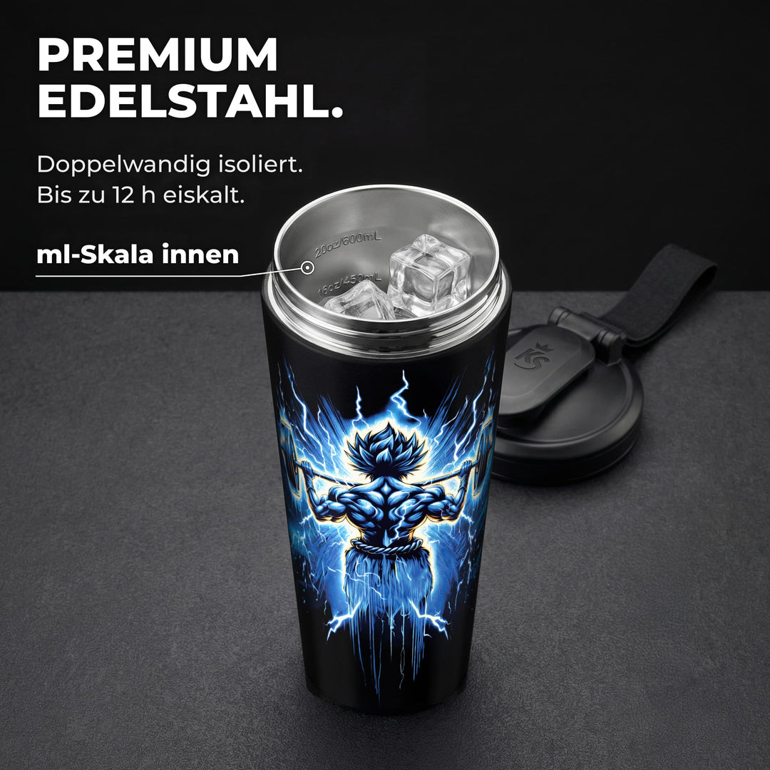 KING SHAKER® TRAINED – schwarzer Edelstahl-Shaker mit Farbdruck, geöffnet mit ml-Skala