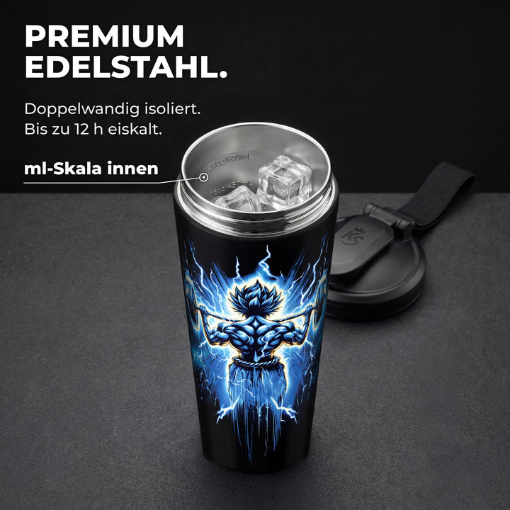 KING SHAKER® TRAINED – schwarzer Edelstahl-Shaker mit Farbdruck, geöffnet mit ml-Skala