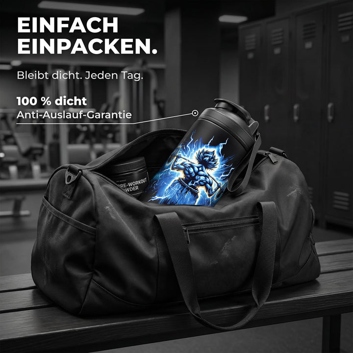 KING SHAKER® TRAINED – schwarzer Edelstahl-Shaker mit Farbdruck, in der Sporttasche