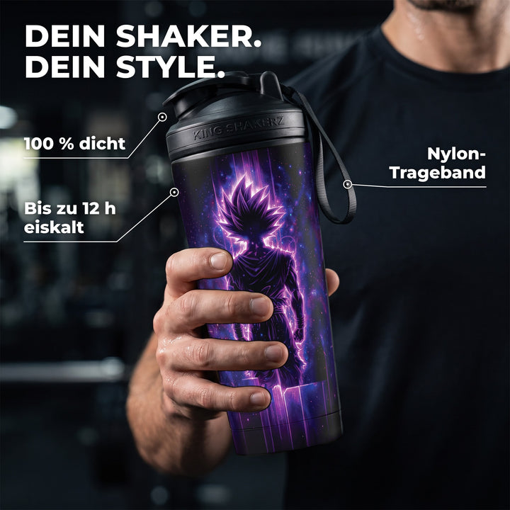 KING SHAKER® UNIVERSUM – schwarzer Edelstahl-Shaker mit Farbdruck, in der Hand