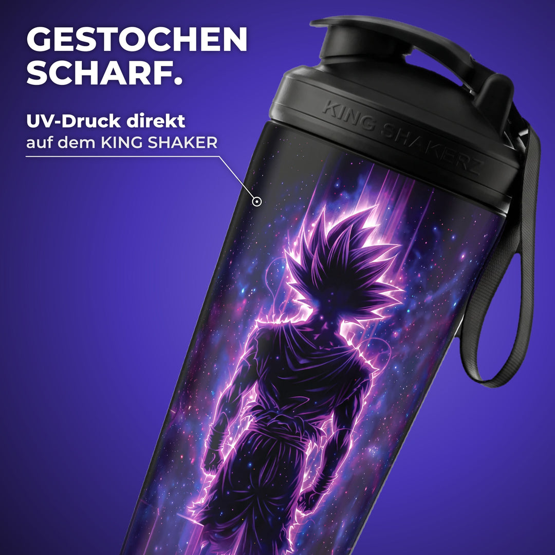 KING SHAKER® UNIVERSUM – schwarzer Edelstahl-Shaker mit Farbdruck, Nahaufnahme des Drucks