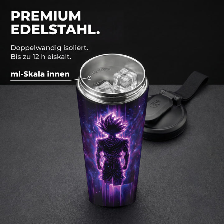 KING SHAKER® UNIVERSUM – schwarzer Edelstahl-Shaker mit Farbdruck, geöffnet mit ml-Skala