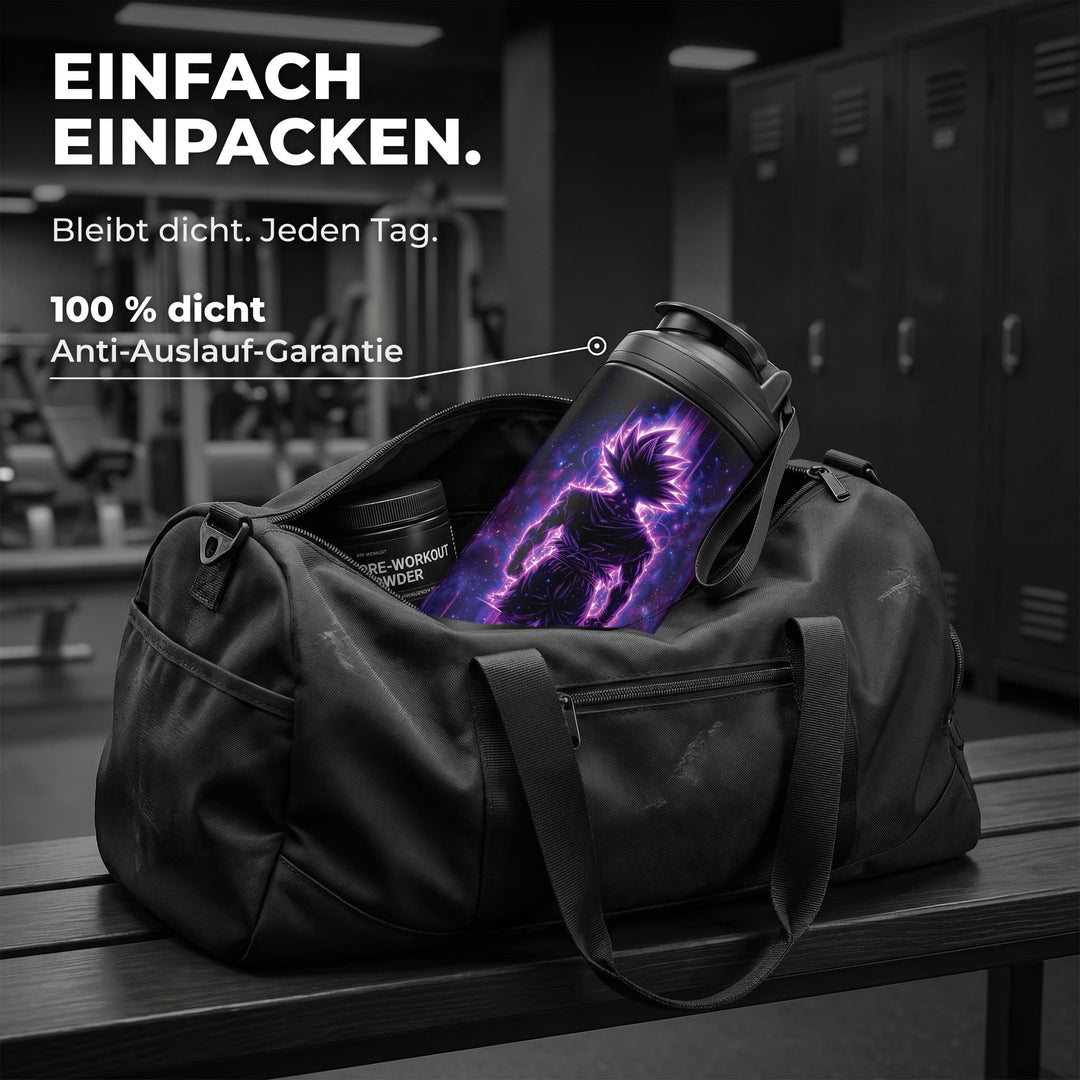 KING SHAKER® UNIVERSUM – schwarzer Edelstahl-Shaker mit Farbdruck, in der Sporttasche
