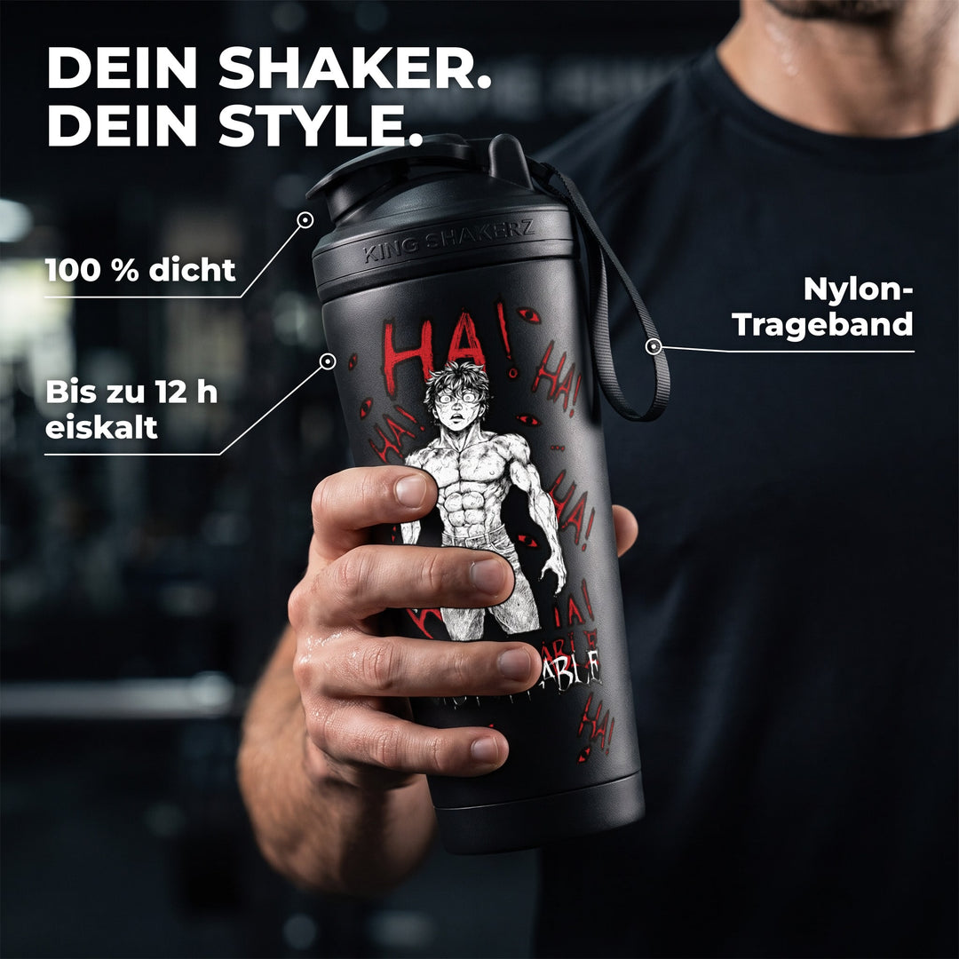 KING SHAKER® UNSTOPPABLE – schwarzer Edelstahl-Shaker mit Farbdruck, in der Hand