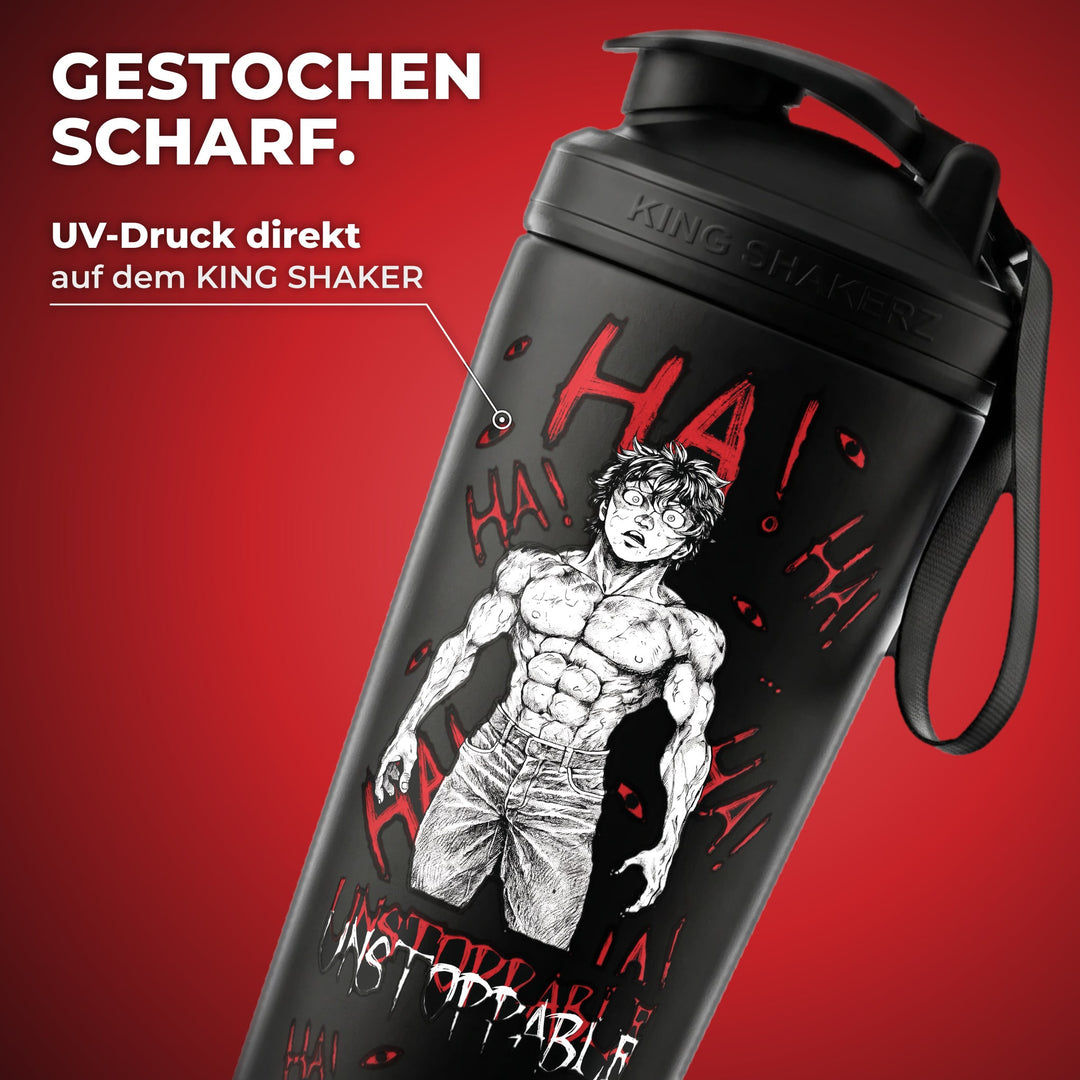 KING SHAKER® UNSTOPPABLE – schwarzer Edelstahl-Shaker mit Farbdruck, Nahaufnahme des Drucks