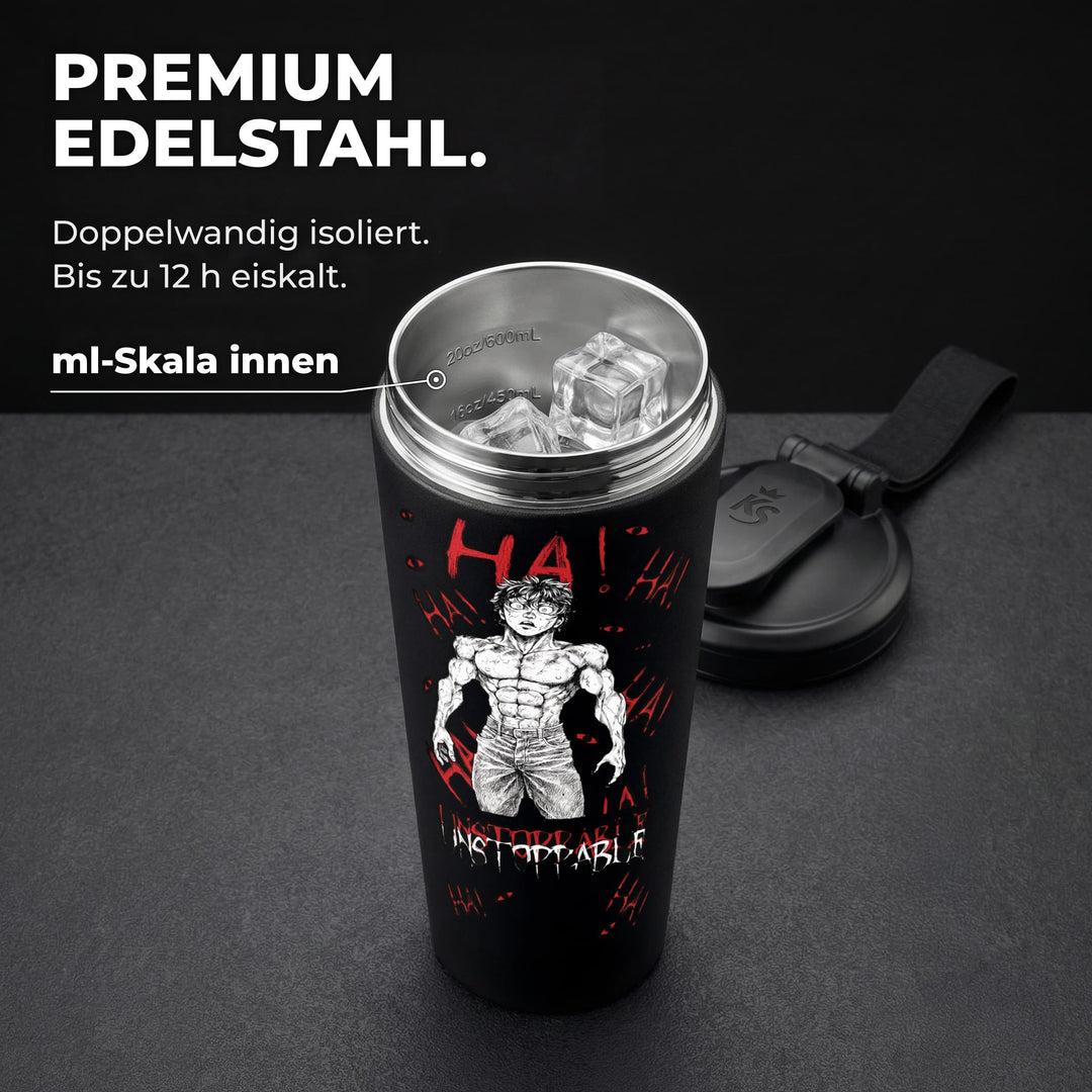 KING SHAKER® UNSTOPPABLE – schwarzer Edelstahl-Shaker mit Farbdruck, geöffnet mit ml-Skala