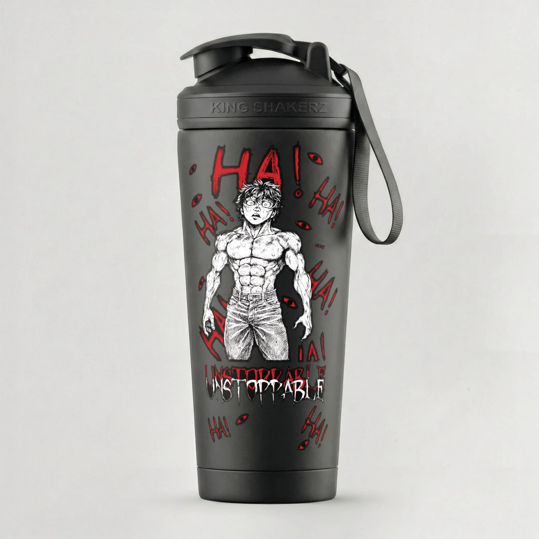 KING SHAKER® UNSTOPPABLE – schwarzer Edelstahl-Shaker mit Farbdruck, vor grauem Hintergrund