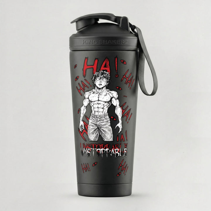 KING SHAKER® UNSTOPPABLE – schwarzer Edelstahl-Shaker mit Farbdruck, vor grauem Hintergrund