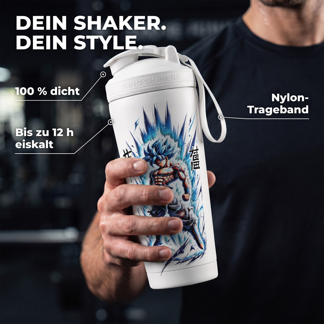KING SHAKER® WARRIOR – weißer Edelstahl-Shaker mit Farbdruck, in der Hand