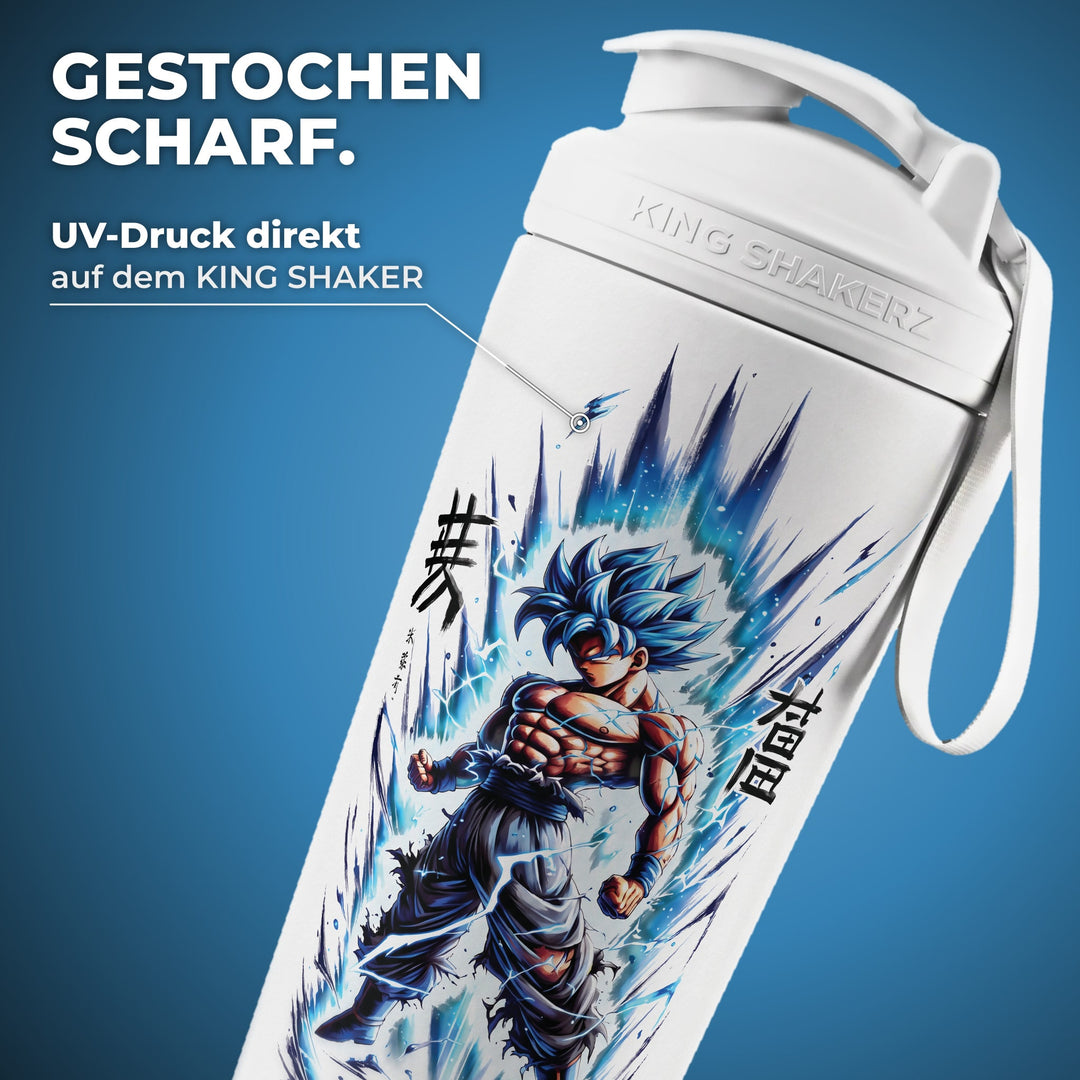 KING SHAKER® WARRIOR – weißer Edelstahl-Shaker mit Farbdruck, Nahaufnahme des Drucks