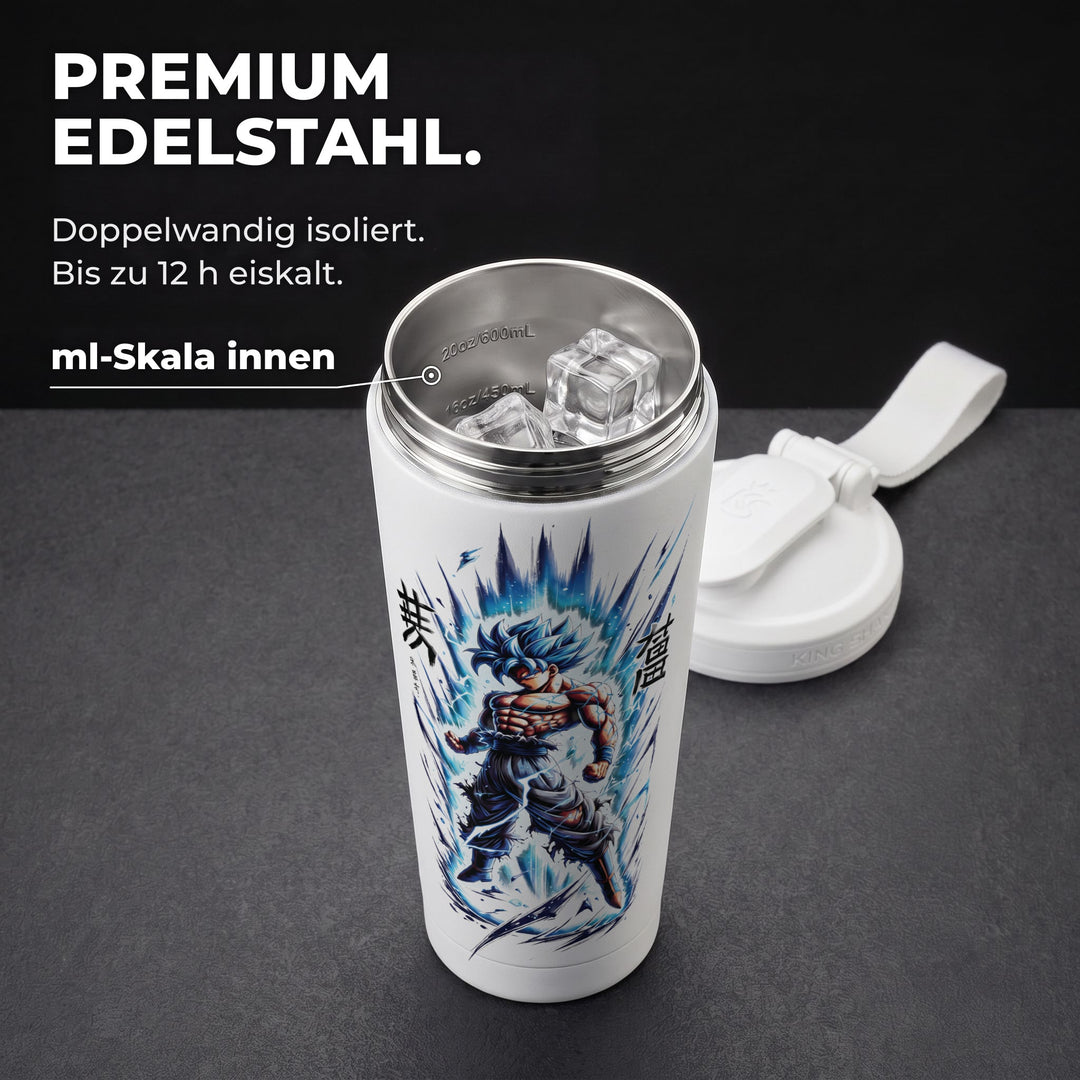 KING SHAKER® WARRIOR – weißer Edelstahl-Shaker mit Farbdruck, geöffnet mit ml-Skala