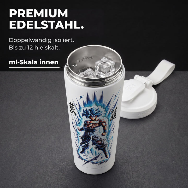 KING SHAKER® WARRIOR – weißer Edelstahl-Shaker mit Farbdruck, geöffnet mit ml-Skala