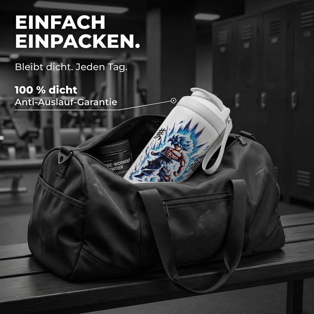 KING SHAKER® WARRIOR – weißer Edelstahl-Shaker mit Farbdruck, in der Sporttasche