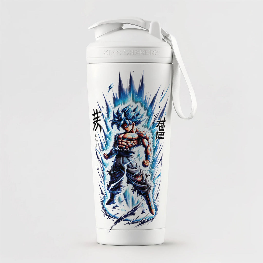 KING SHAKER® WARRIOR – weißer Edelstahl-Shaker mit Farbdruck, vor grauem Hintergrund