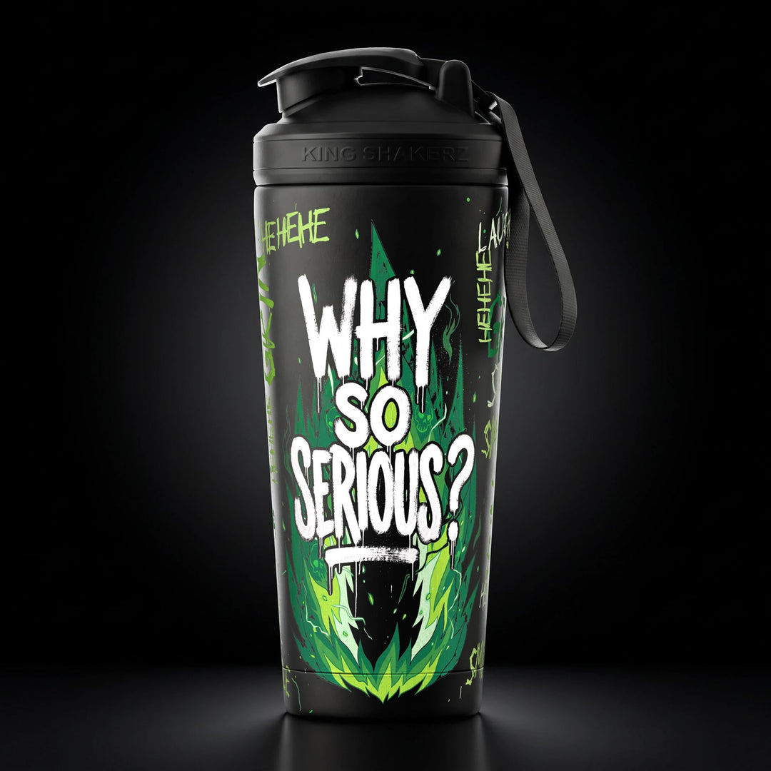 KING SHAKER® WHY SO SERIOUS – schwarzer Edelstahl-Shaker mit Halloween-Farbdruck, Vorderansicht