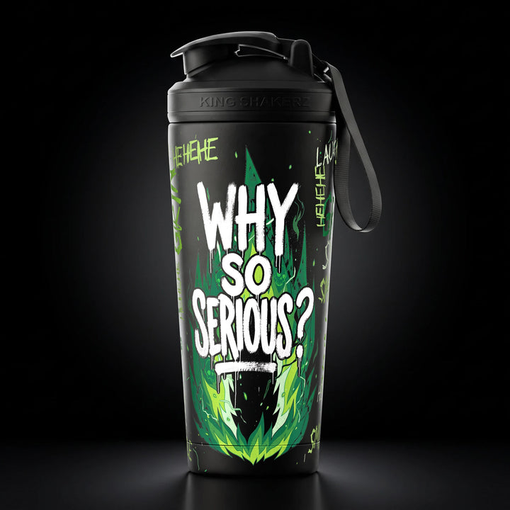 KING SHAKER® WHY SO SERIOUS – schwarzer Edelstahl-Shaker mit Halloween-Farbdruck, Vorderansicht
