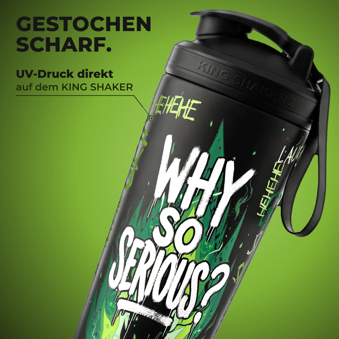 KING SHAKER® WHY SO SERIOUS – schwarzer Edelstahl-Shaker mit Halloween-Farbdruck, Nahaufnahme des Drucks