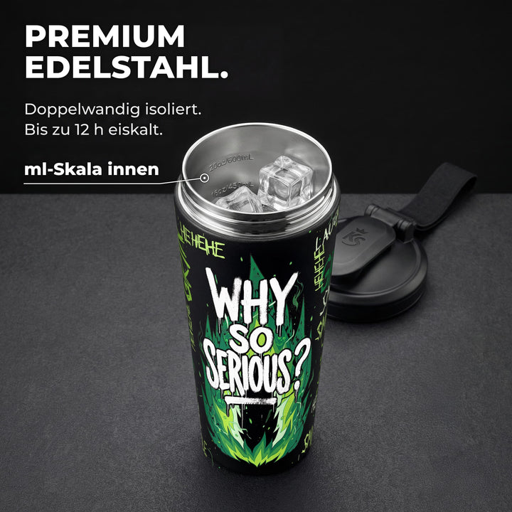 KING SHAKER® WHY SO SERIOUS – schwarzer Edelstahl-Shaker mit Halloween-Farbdruck, geöffnet mit ml-Skala