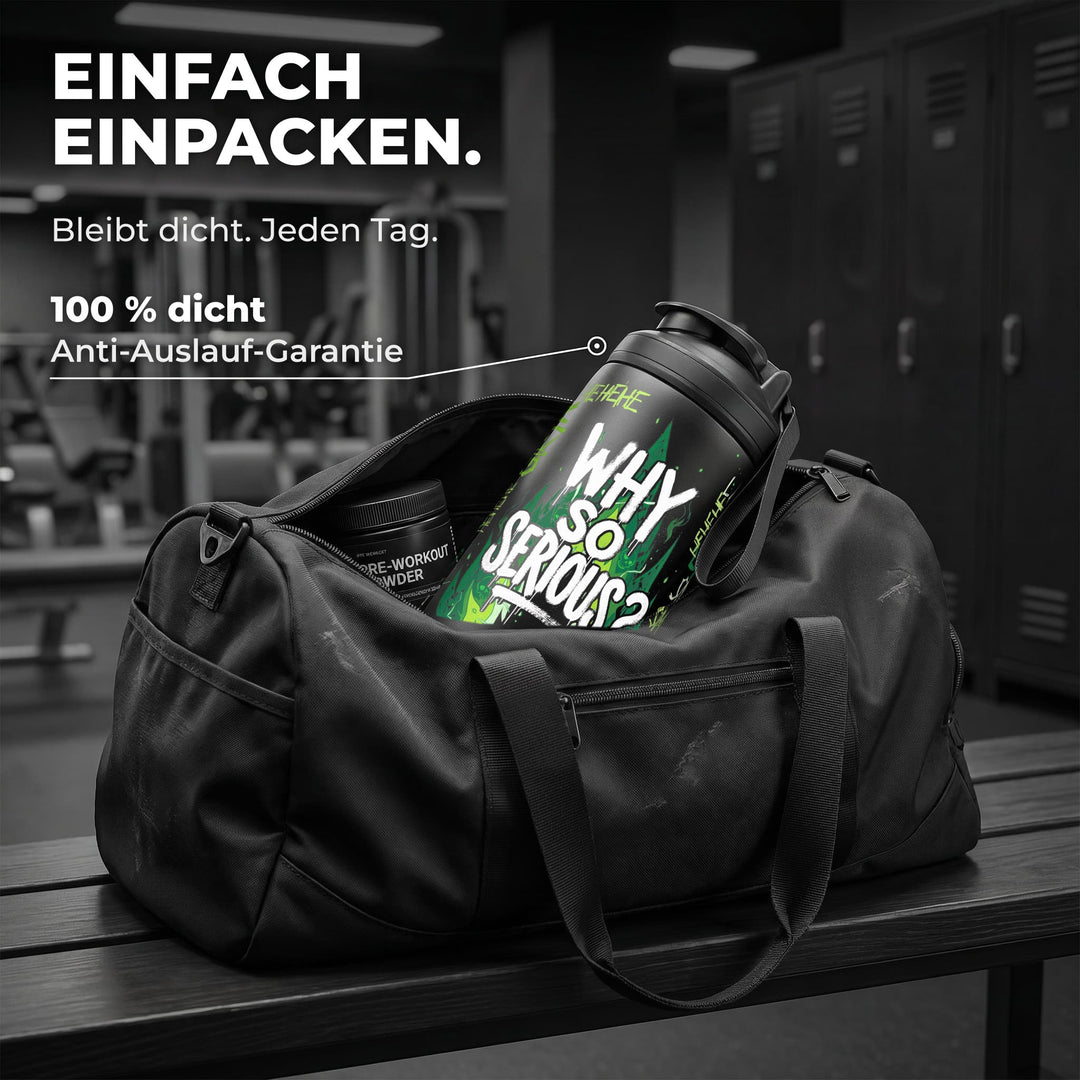 KING SHAKER® WHY SO SERIOUS – schwarzer Edelstahl-Shaker mit Halloween-Farbdruck, in der Sporttasche