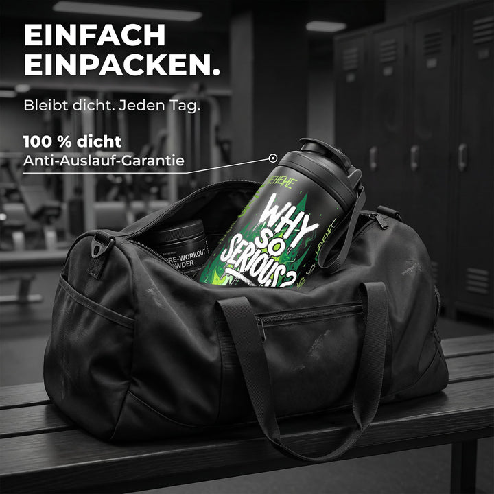 KING SHAKER® WHY SO SERIOUS – schwarzer Edelstahl-Shaker mit Halloween-Farbdruck, in der Sporttasche
